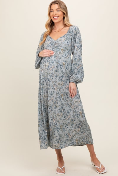 PinkBlush Light Blue Floral Paisley Long Sleeve Maternity Midi Dress