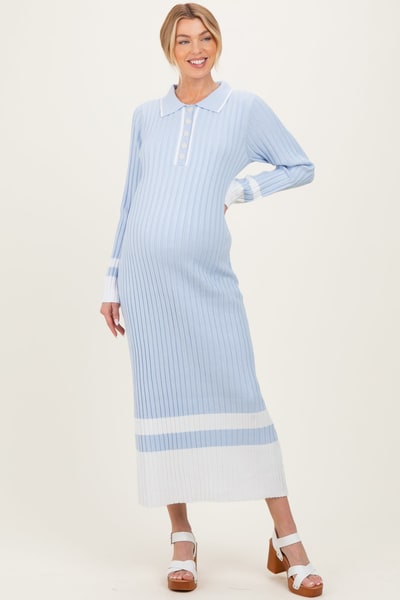 PinkBlush Light Blue Ribbed Knit Colorblock Polo Maternity Maxi Dress