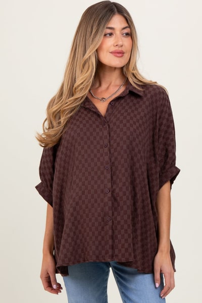 PinkBlush Brown Checker Print Short Sleeve Oversized Maternity Blouse