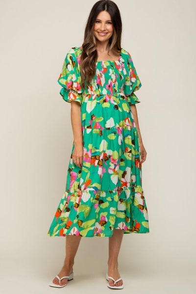 PinkBlush Green Floral Puff Sleeve Maternity Midi Dress
