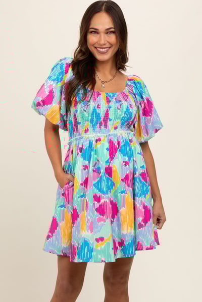 PinkBlush Mint Multi Color Print Smocked Maternity Dress