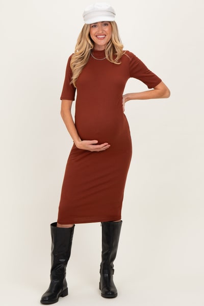 PinkBlush Maroon Ribbed Mock Neck Maternity Midi Dress