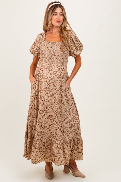 PinkBlush Mocha Leaf Print Smocked Square Neck Puff Sleeve Maternity Maxi Dress