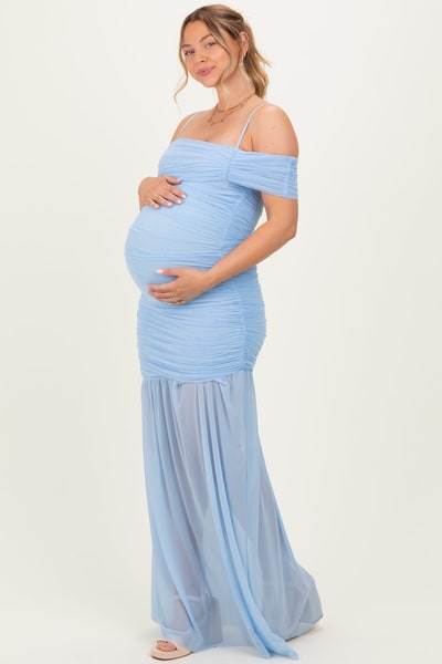 PinkBlush Baby Blue Ruched Mesh Off Shoulder Maternity Maxi Dress