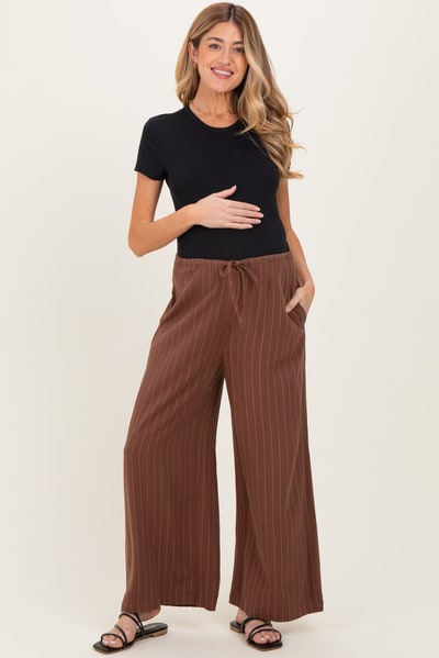PinkBlush Brown Pinstripe Drawstring Maternity Linen Pants