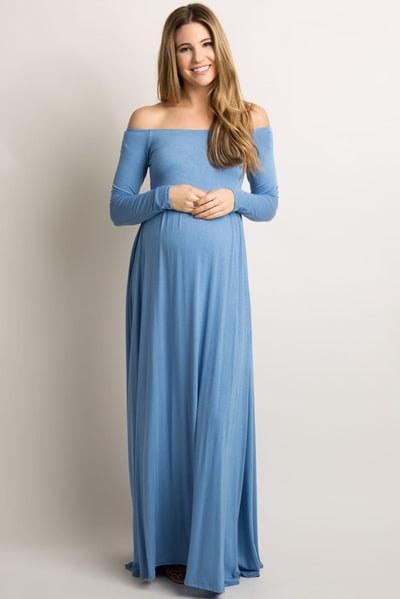 PinkBlush PinkBlush Petite Blue Solid Off Shoulder Maternity Maxi Dress