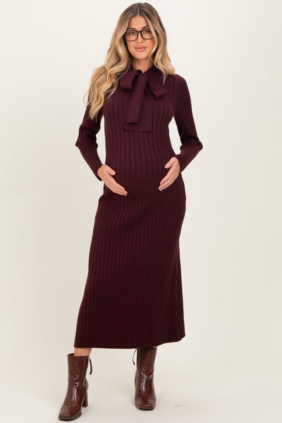 PinkBlush Burgundy Neck Tie Sweater Maternity Dress