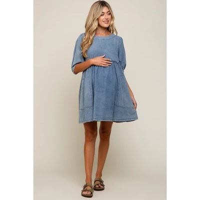 Target PinkBlush Blue Faded Denim Chambray Maternity Mini Dress Blue Medium