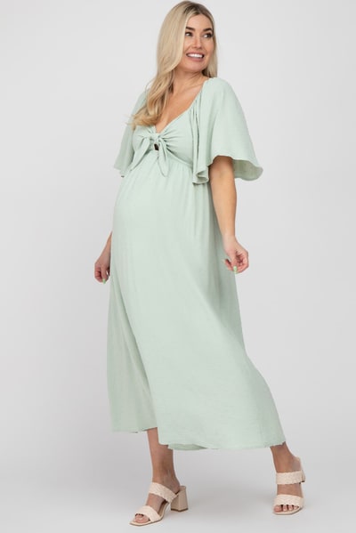 PinkBlush Mint Green Textured Dot Front Tie Ruffle Sleeve Maternity Midi Dress
