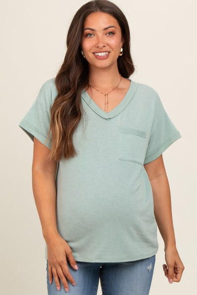 PinkBlush Light Olive Front Pocket Maternity Short Sleeve Top