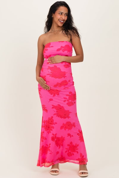 PinkBlush Fuchsia Floral Open Back Strapless Ruched Maternity Maxi Dress