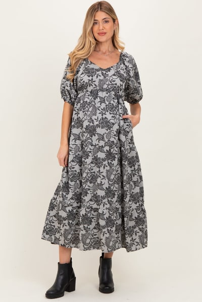 PinkBlush Black Floral V-Neck 3/4 Sleeve Maternity Midi Dress