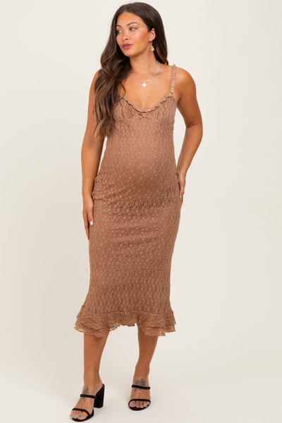 PinkBlush Mocha Lace Overlay Sweetheart Neckline Maternity Midi Dress