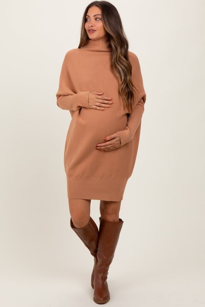PinkBlush Light Camel Funnel Neck Dolman Sleeve Maternity Mini Dress