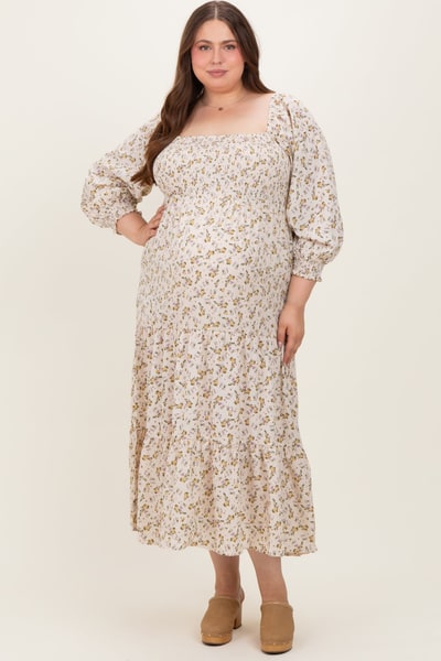 PinkBlush Cream Floral Smocked Long Sleeve Maternity Plus Maxi Dress