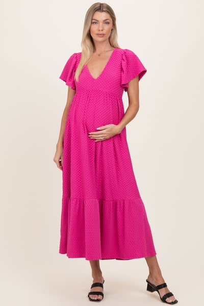 PinkBlush Fuchsia Textured Ruffle Hem Maternity Maxi Dress