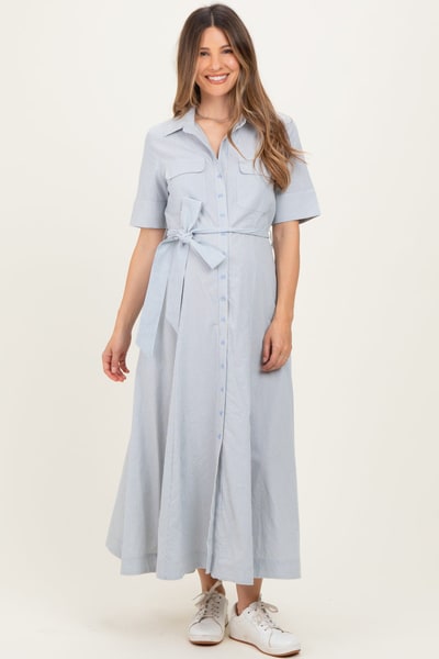 PinkBlush Light Blue Striped Cotton Button Down Maternity Maxi Dress