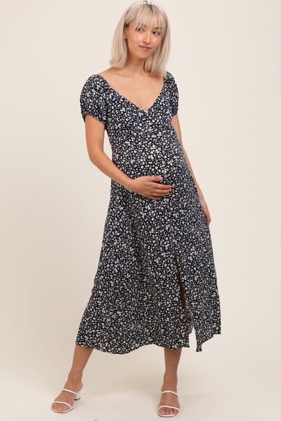 PinkBlush Black Floral V-Neck Button Down Maternity Midi Dress