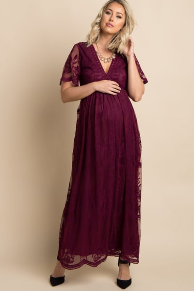 PinkBlush Burgundy Lace Mesh Overlay Maternity Maxi Dress