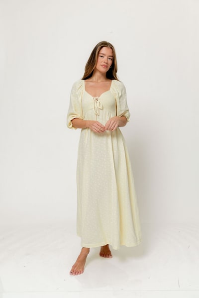Worth Collective Cecilia 100% Cotton Smocked Maxi Dress in Custard Foliage - Bump Friendly