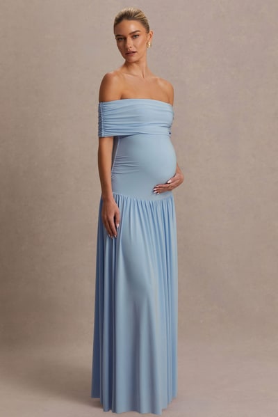 Club L London Juliette | Powder Blue Bardot-Neck Maternity Maxi Dress With Drop-Waist