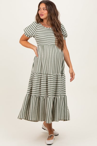 PinkBlush Dusty Olive/ Cream Striped Short Sleeve Tiered Maternity Maxi Dress