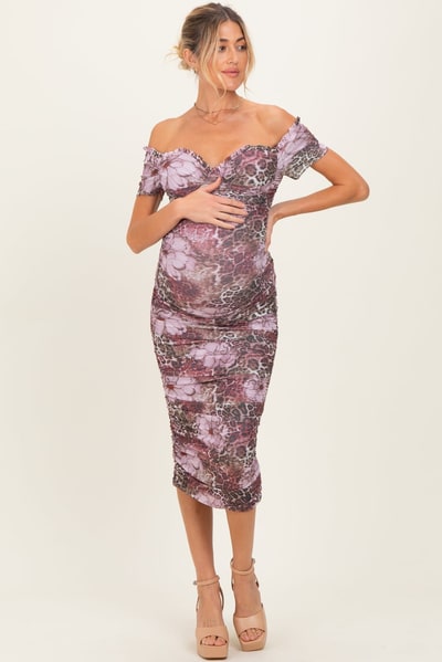 PinkBlush Mauve Floral Animal Print Off Shoulder Maternity Midi Dress
