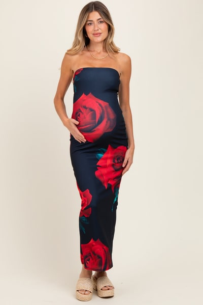 PinkBlush Navy Floral Strapless Maternity Maxi Dress