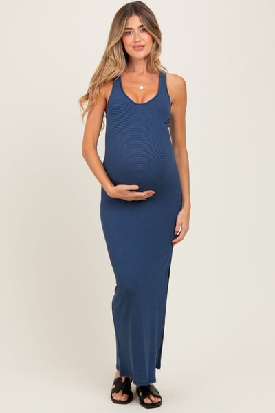 PinkBlush Navy Striped Side Slit Maternity Maxi Dress