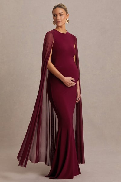 Club L London Currant | Berry High-Neck Maternity Maxi Dress With Cape