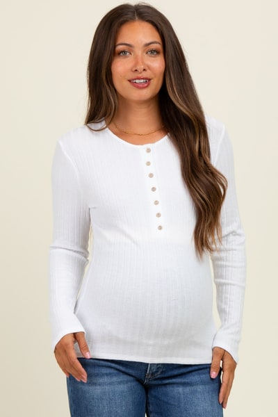 PinkBlush Off White Ribbed Knit Button Long Sleeve Maternity Top