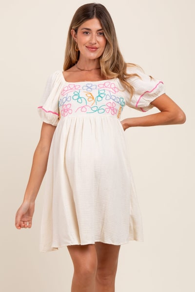 PinkBlush Cream Embroidered Cotton Gauze Maternity Mini Dress