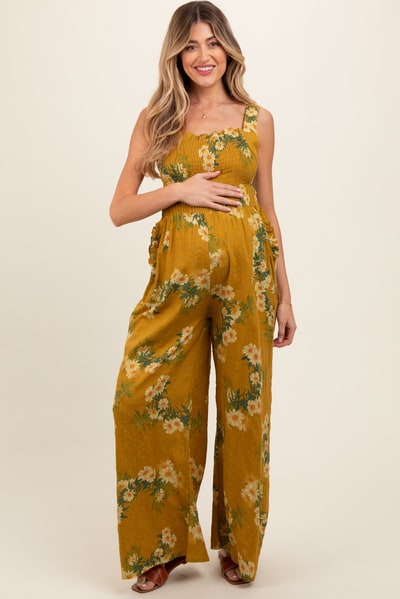 PinkBlush Yellow Floral Smocked Maternity Jumpsuit