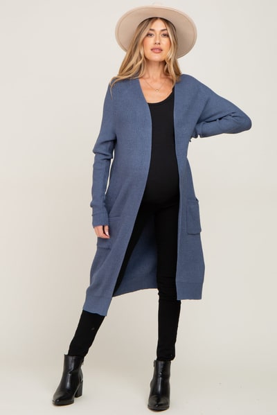 PinkBlush Blue Open Front Long Maternity Cardigan
