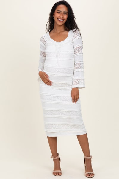 PinkBlush White Lace Ruffle Tiered Off Shoulder Maternity Midi Dress