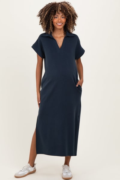 PinkBlush Navy Collared Short Sleeve Maternity Midi Dress