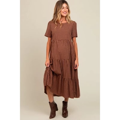 Target Pinkblush Mocha Gingham Tiered Maternity Midi Dress XL