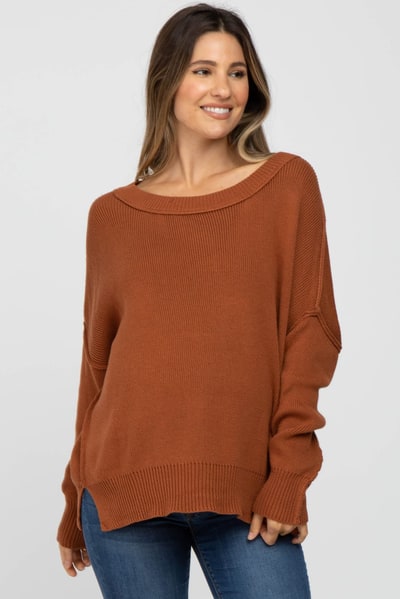 PinkBlush Camel Exposed Seam Side Slit Maternity Sweater