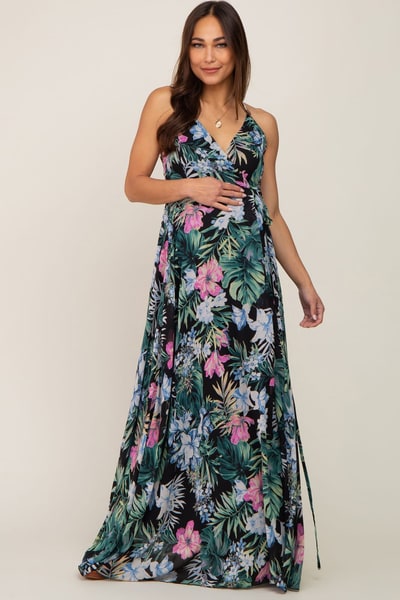 PinkBlush Black Tropical Floral Chiffon Wrap Front Maternity Maxi Dress