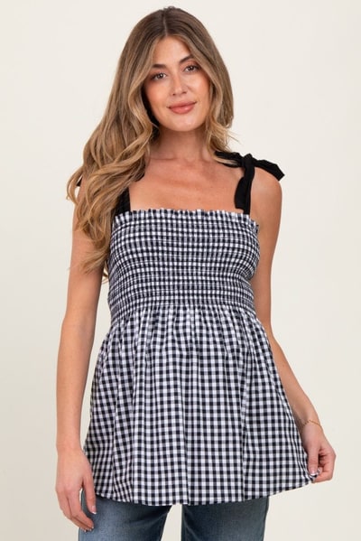 PinkBlush Black Gingham Smocked Shoulder Tie Maternity Top