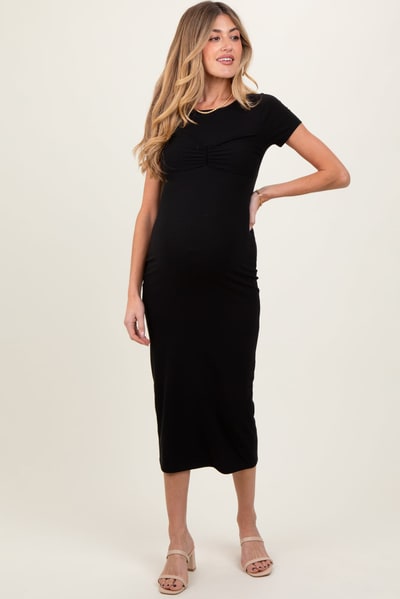 PinkBlush Black Ruched Bust Short Sleeve Maternity Maxi Dress