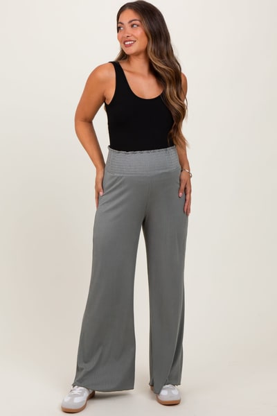 PinkBlush Olive Ribbed Smocked Waistband Wide Leg Maternity Pants