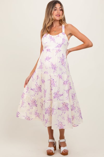 PinkBlush Cream Floral Tiered Crisscross Back Maternity Midi Dress