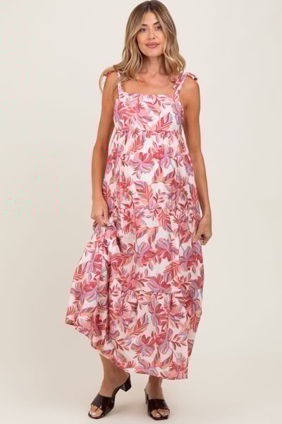 PinkBlush Mauve Floral Shoulder Tie Maternity Midi Dress