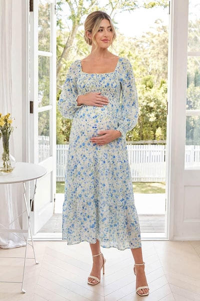 Summer Mae Floral Square Neck Long Sleeve Maternity Maxi Dress - Smocked Empire Waist Tiered Gown