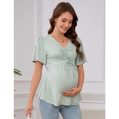 Target Coolmee Women's Short Sleeve V Neck Tops Blouses Ruffle Hem Tie Front Crop Summer Tops Bean Green M