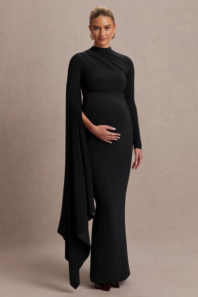 Club L London Lavinia | Black High-Neck Maternity Maxi Dress With Cape-Sleeve