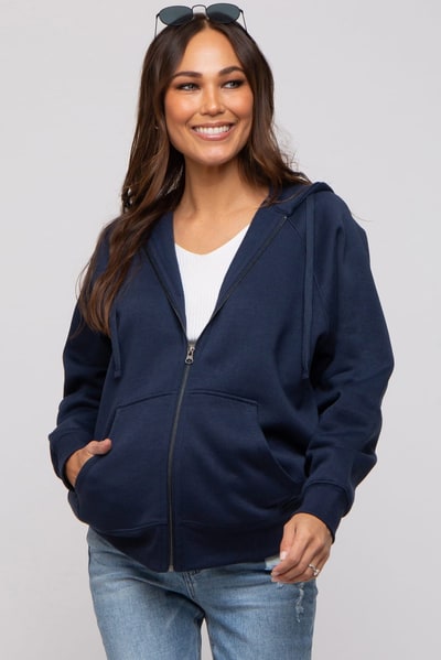 PinkBlush Navy Front Zipper Hooded Maternity Sweater