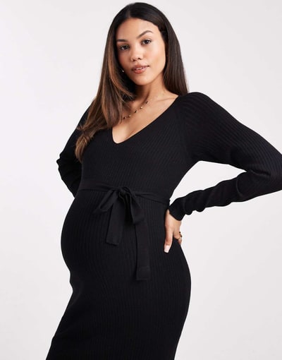 ASOS Vero Moda Maternity rib knit long sleeve midi dress with belt detail in black