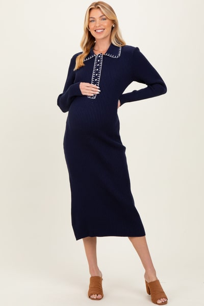 PinkBlush Navy Contrast Stitch Maternity Midi Sweater Dress
